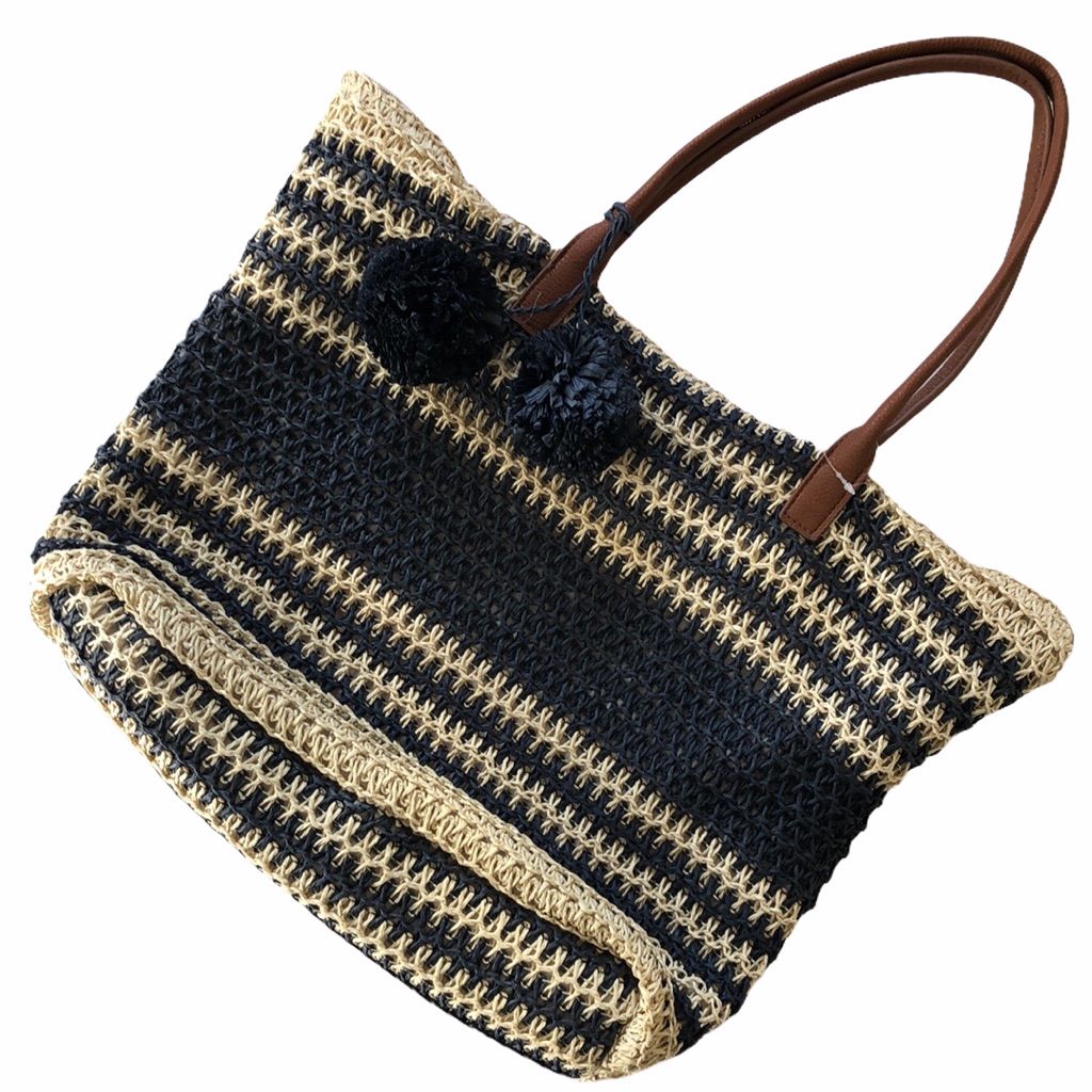 Merona Stripe Tote With Pompoms Navy Natural